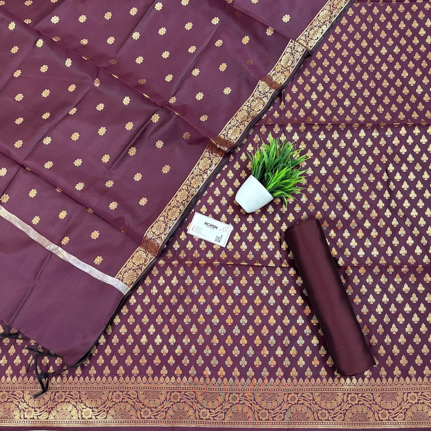 Wine Chidiya Buti Satin Silk Banarasi Suit