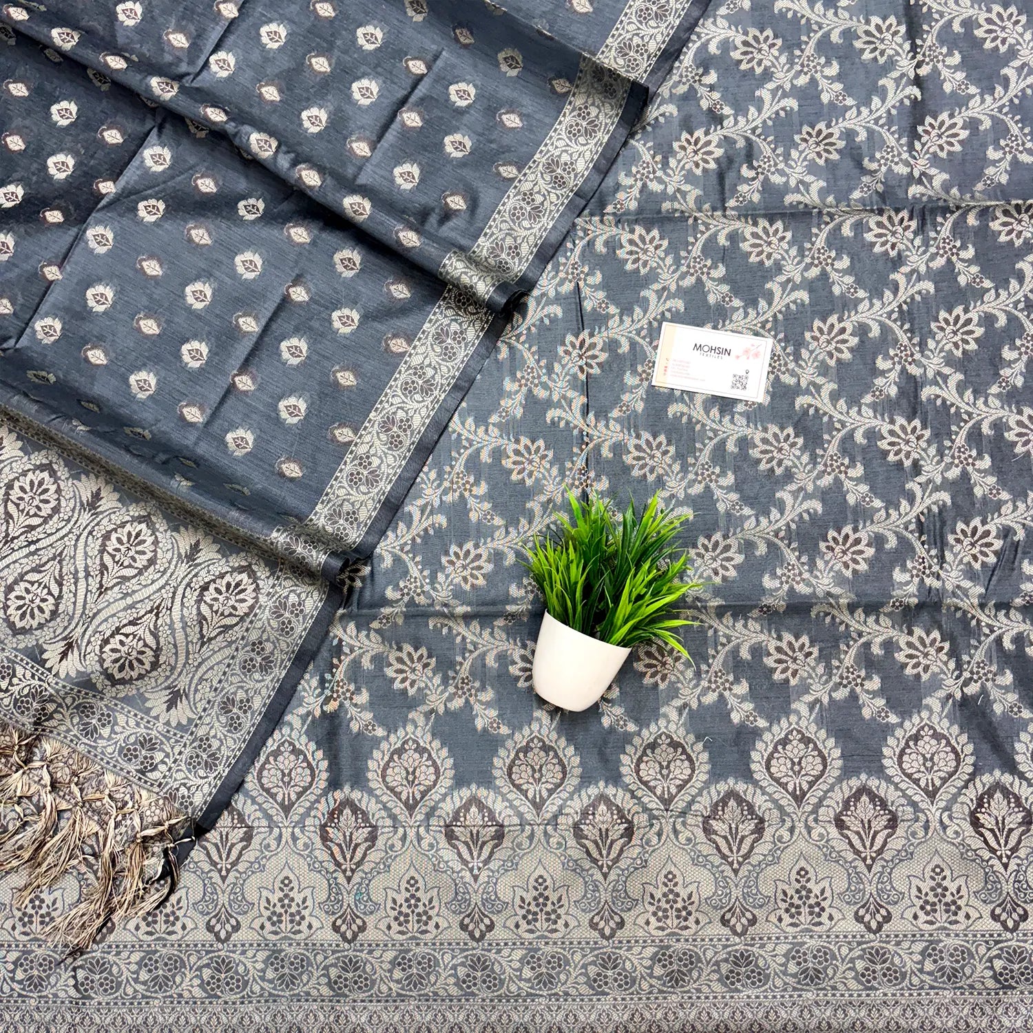 Dark Grey Mogambo Jaal Cotton Silk Banarasi Suit