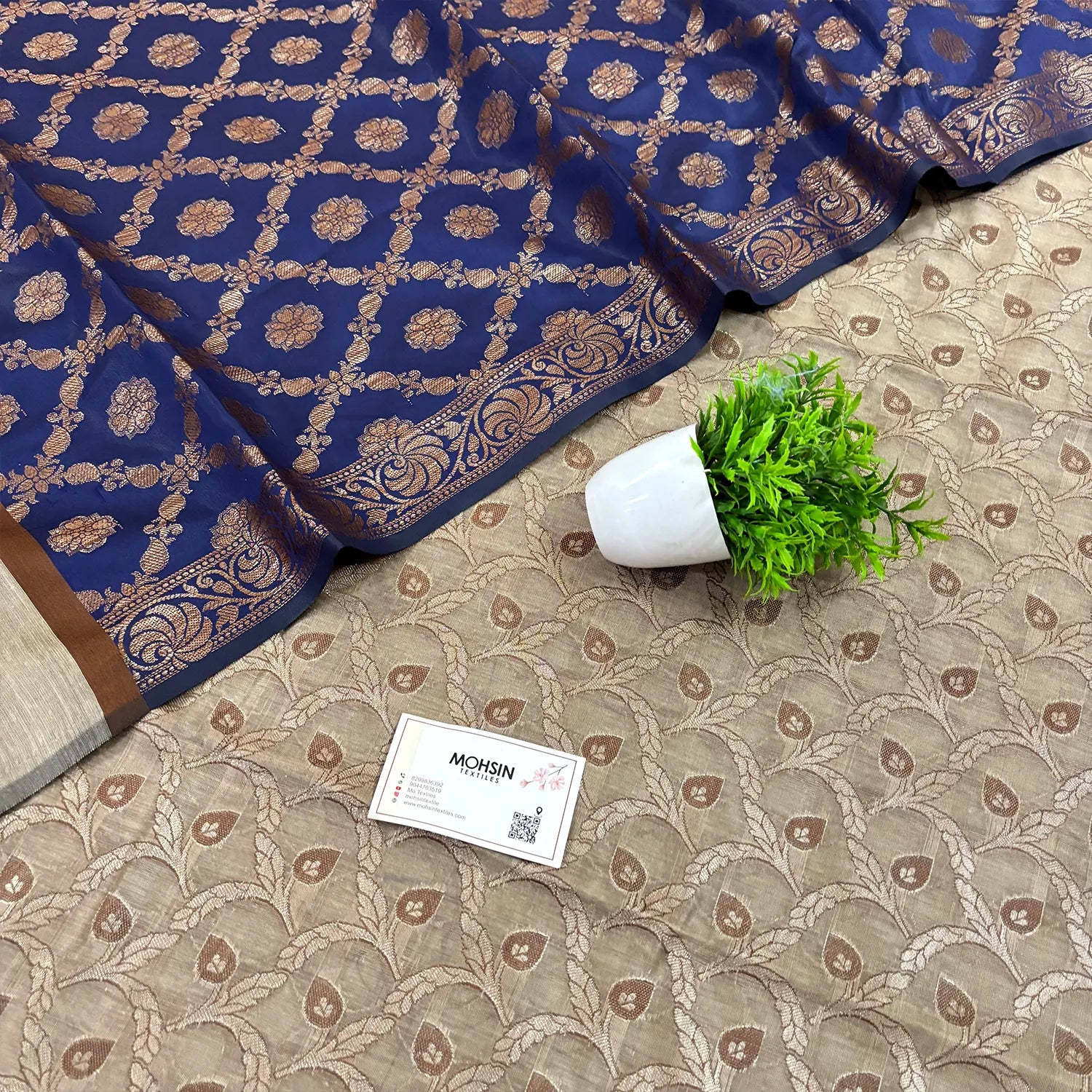 Beige and Navy Blue Patti Jaal Banarasi Silk Suit