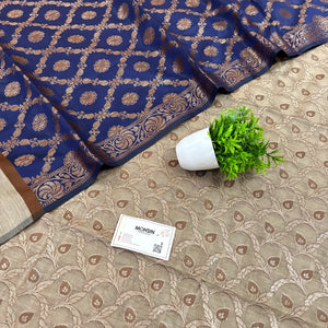 Beige and Navy Blue Patti Jaal Banarasi Silk Suit