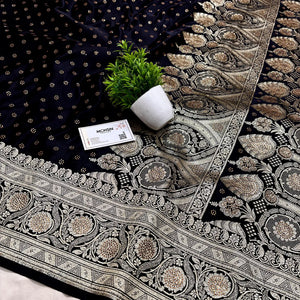 Black Royal Plain Siroski Stone Katan Banarasi Saree