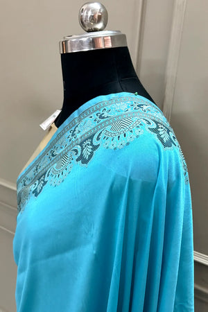 Firozi and Beige Plain Resham Silk Banarasi Saree