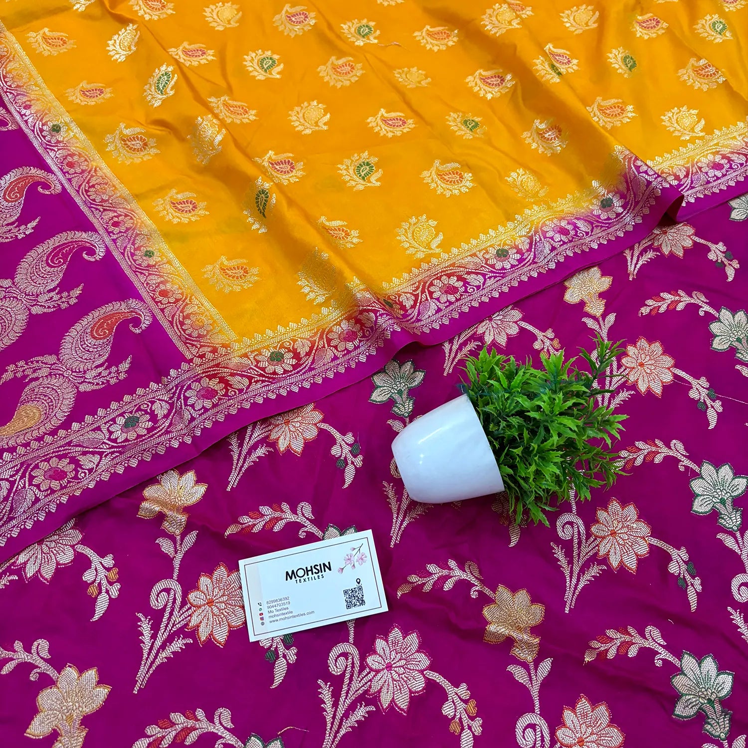 Magenta and Yellow Golden Zari Katan Silk Banarasi Saree