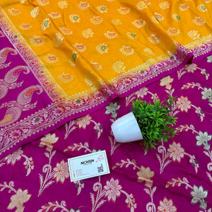 Magenta and Yellow Golden Zari Katan Silk Banarasi Saree