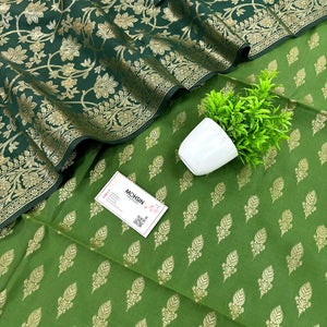 Mehendi and Teal Parvat Buti Satin Silk Banarasi Suit