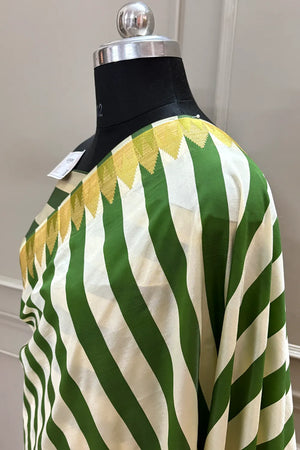 Mehendi and White Stripe Plain Satin Silk Banarasi Saree