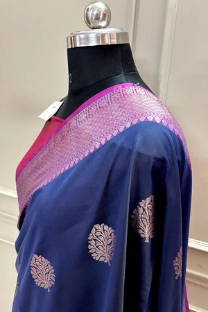 Navy Blue and Pink Golden Zari Banarasi Silk Saree