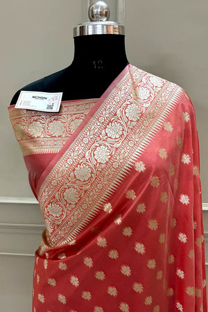 Peach Golden Zari Crepe Silk Banarasi Saree