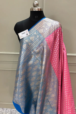 Peach and Blue Chidi Buti Katan Silk Banarasi Saree