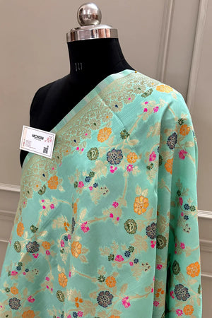 Sea Green Golden Zari Katan Silk Banarasi Dupatta