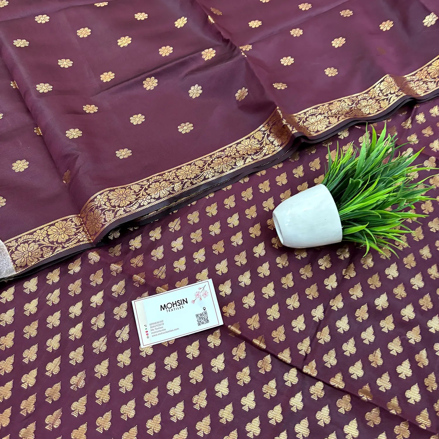 Wine Chidiya Buti Satin Silk Banarasi Suit