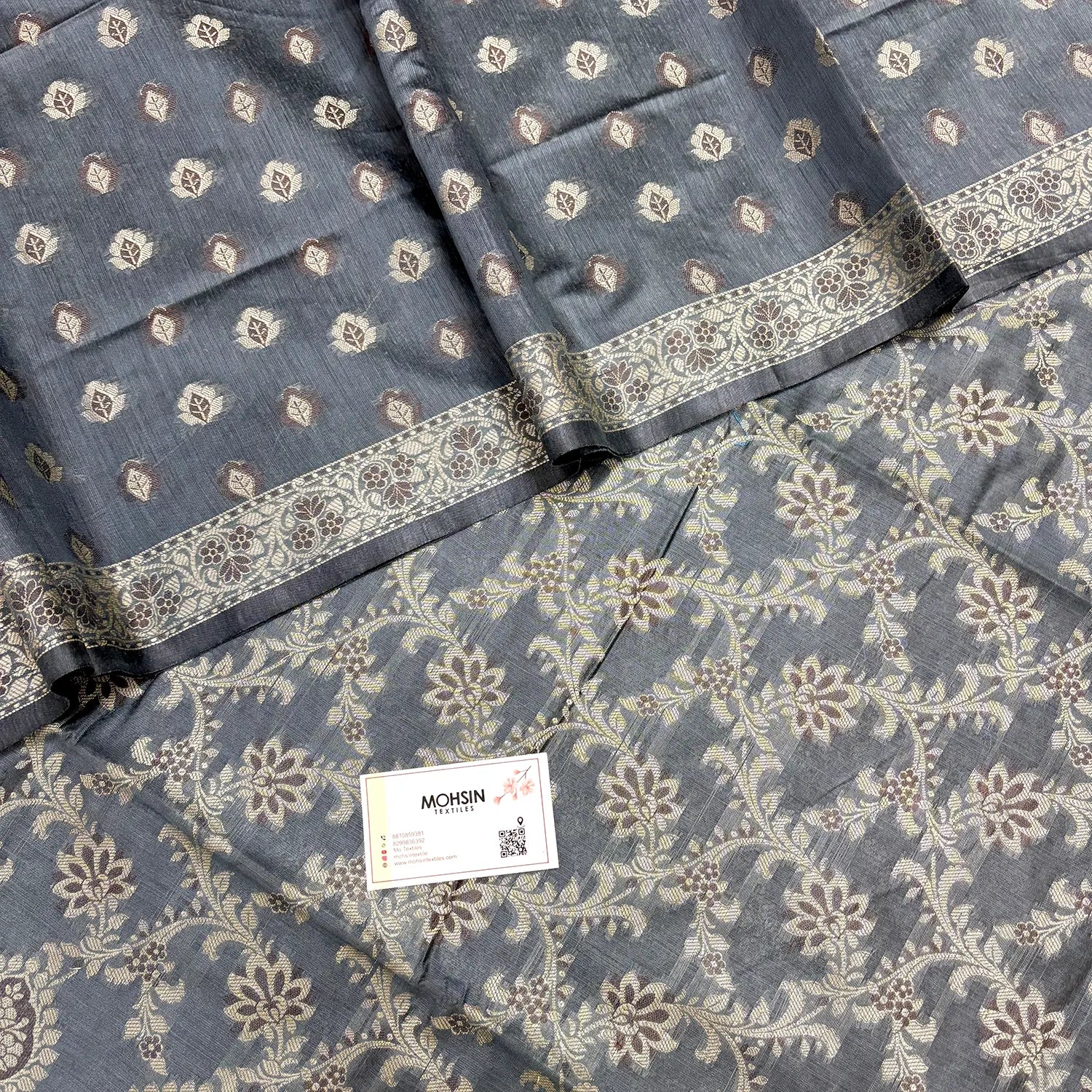 Dark Grey Mogambo Jaal Cotton Silk Banarasi Suit