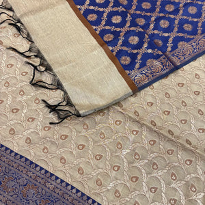 Beige and Navy Blue Patti Jaal Banarasi Silk Suit