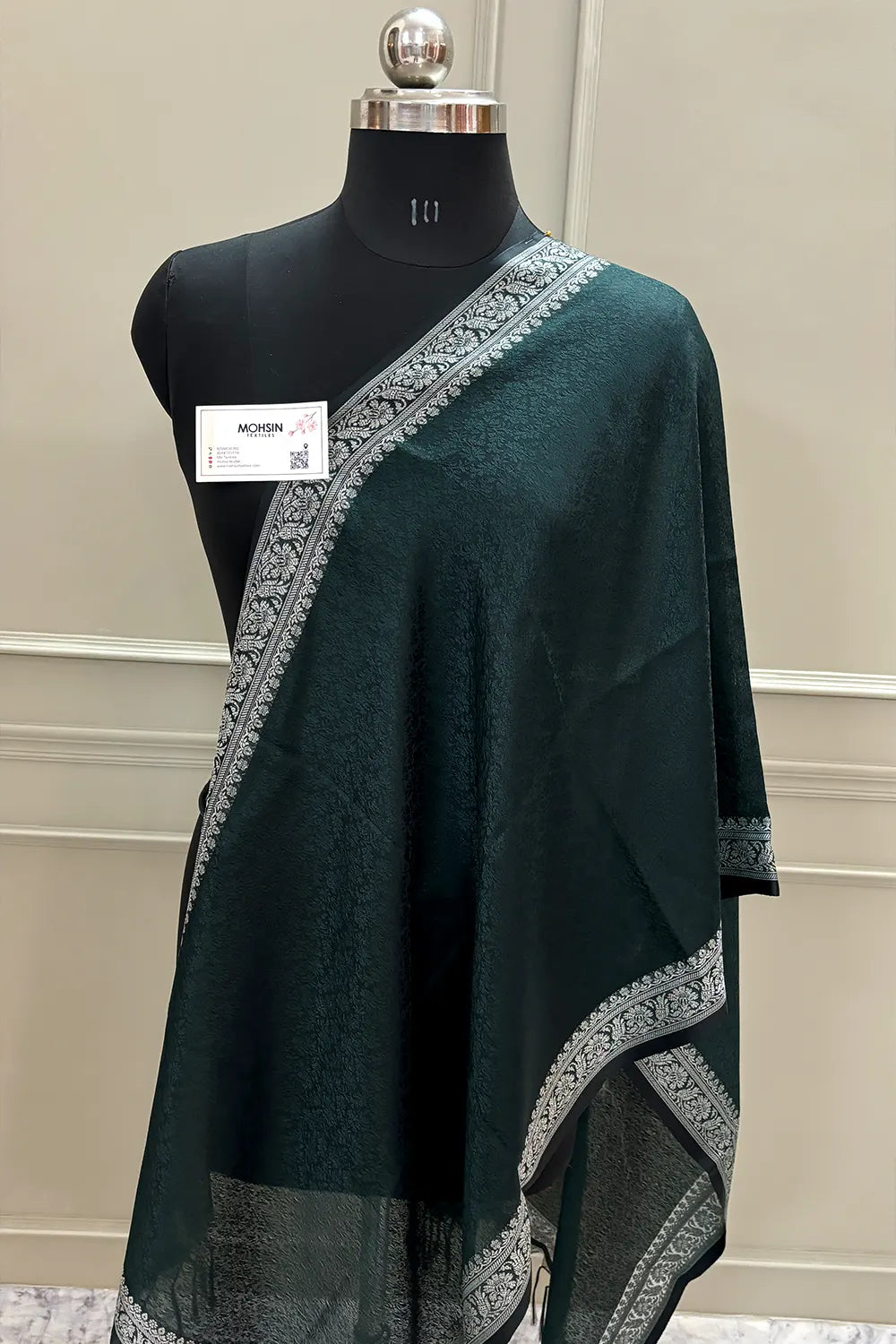 Bottle Green Resham Zari Silk Banarasi Stole