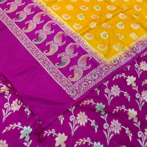 Magenta and Yellow Golden Zari Katan Silk Banarasi Saree