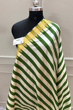 Mehendi and White Stripe Plain Satin Silk Banarasi Saree