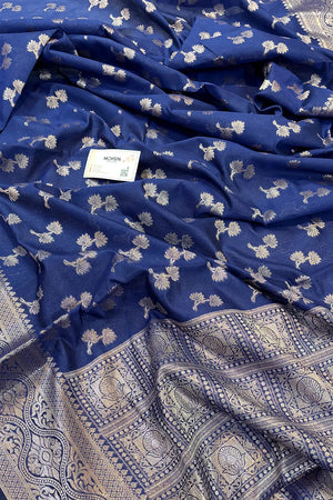 Navy Blue Daab Buti Chanderi Silk Banarasi Saree