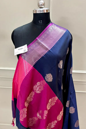 Navy Blue and Pink Golden Zari Banarasi Silk Saree