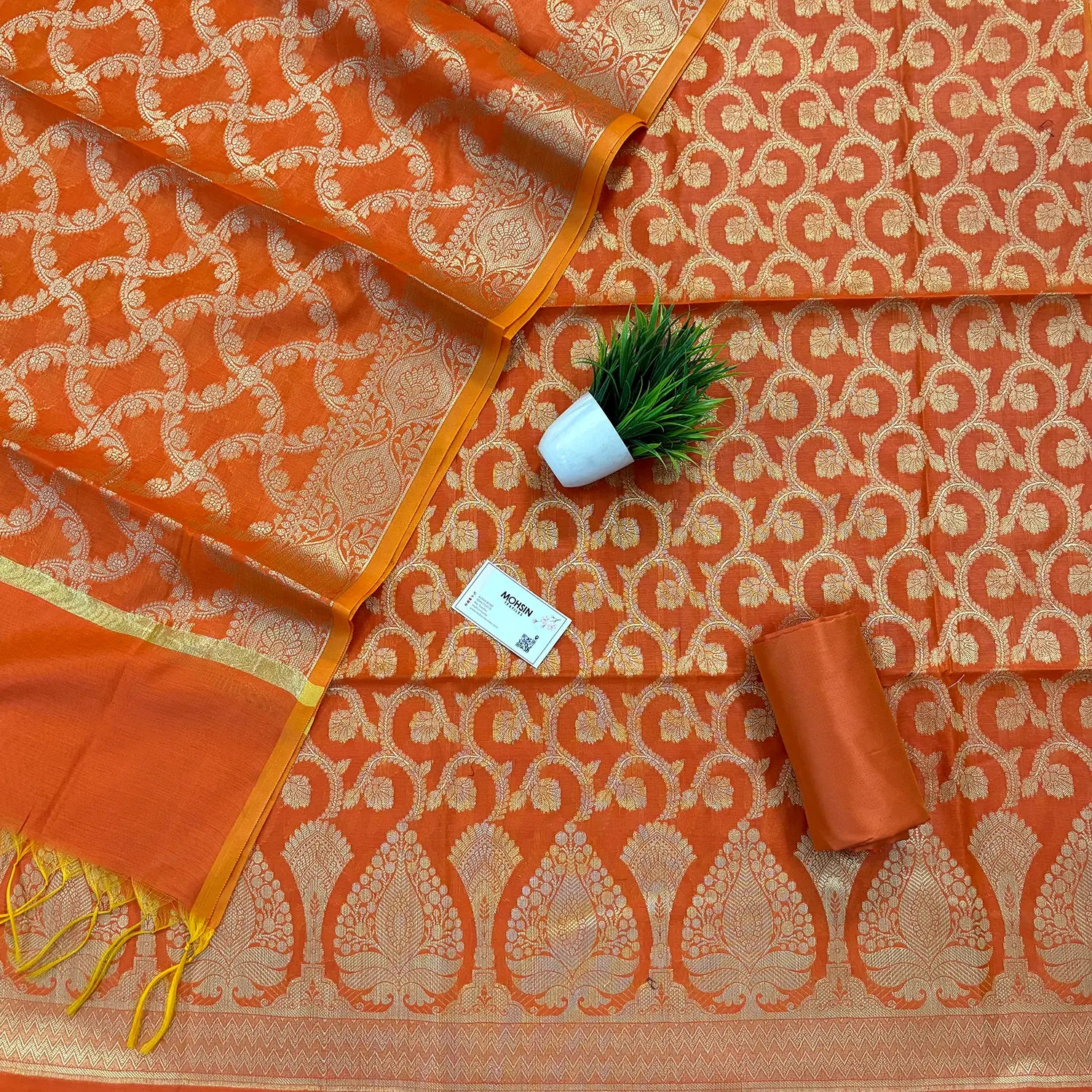 Orange Ikka Jaal Banarasi Silk Suit