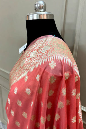 Peach Golden Zari Crepe Silk Banarasi Saree