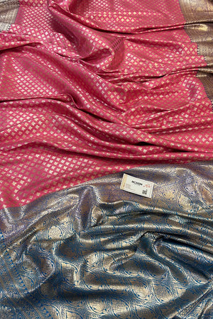 Peach and Blue Chidi Buti Katan Silk Banarasi Saree