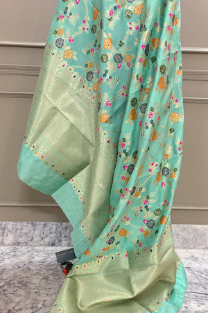 Sea Green Golden Zari Katan Silk Banarasi Dupatta