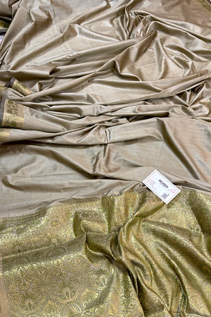 Beige Plain Golden Zari Silky Banarasi Saree