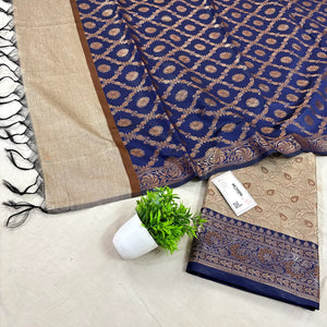 Beige and Navy Blue Patti Jaal Banarasi Silk Suit