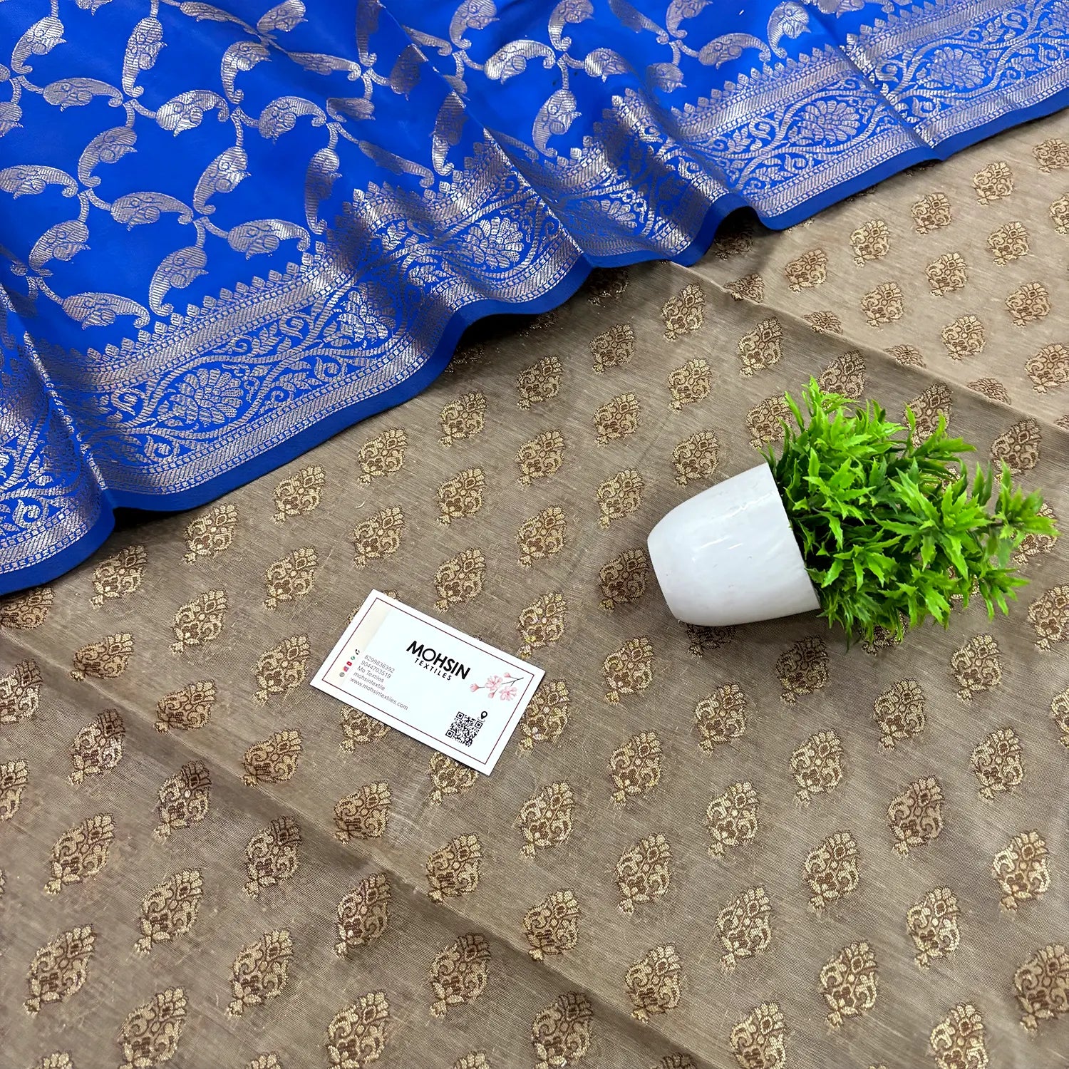 Beige and Royal Blue Badami Buti Banarasi Silk Suit