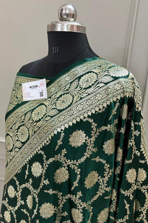 Bottle Green Murmuri Jaal Katan Silk Banarasi Saree