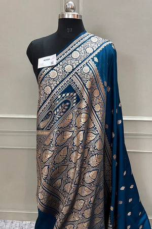 Dark Firozi Podina Buti Katan Silk Banarasi Saree