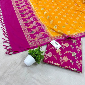 Magenta and Yellow Golden Zari Katan Silk Banarasi Saree