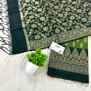 Mehendi and Teal Parvat Buti Satin Silk Banarasi Suit