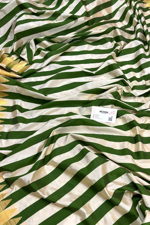 Mehendi and White Stripe Plain Satin Silk Banarasi Saree