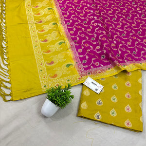 Mustard and Pink Golden Zari Katan Silk Banarasi Suit