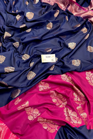Navy Blue and Pink Golden Zari Banarasi Silk Saree