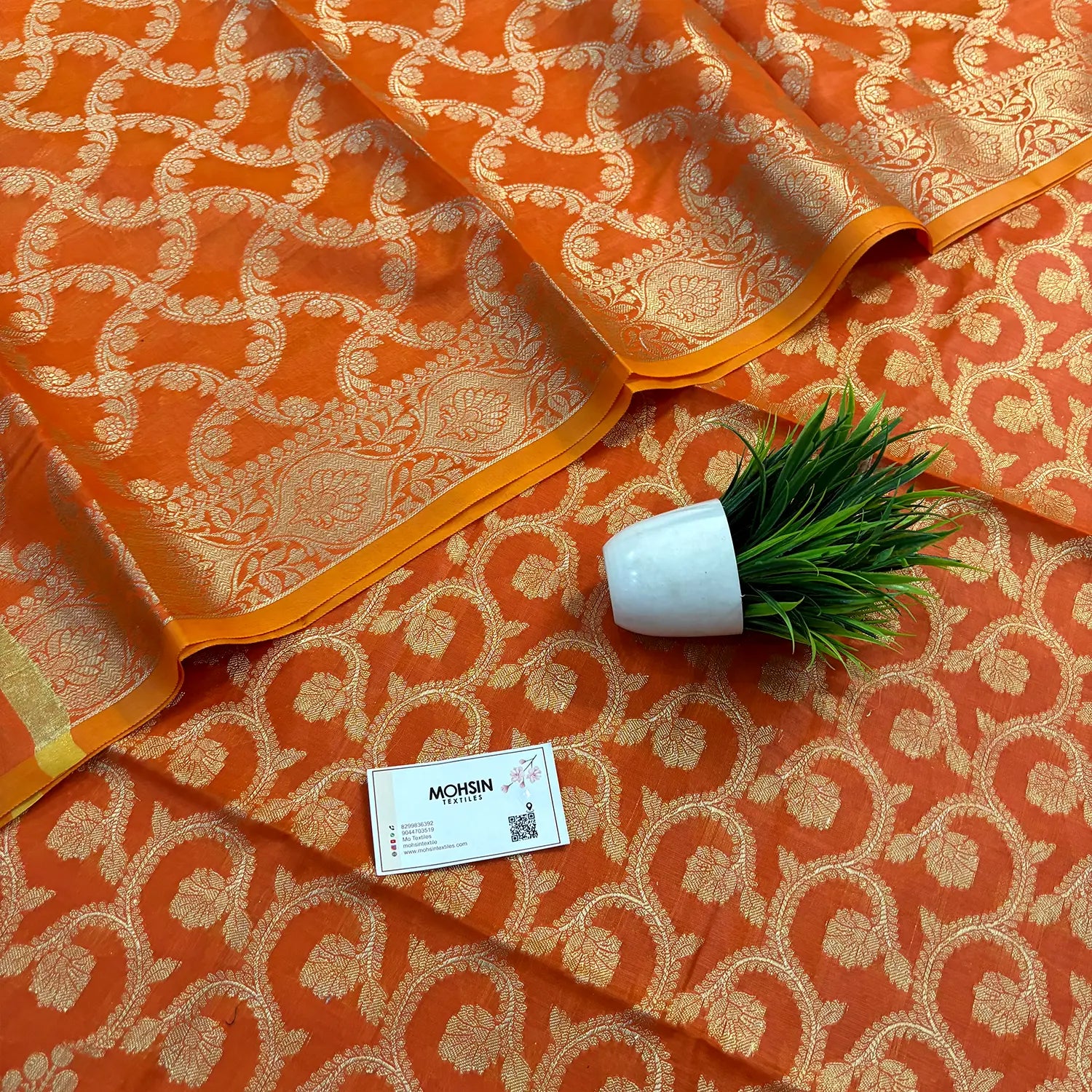 Orange Ikka Jaal Banarasi Silk Suit