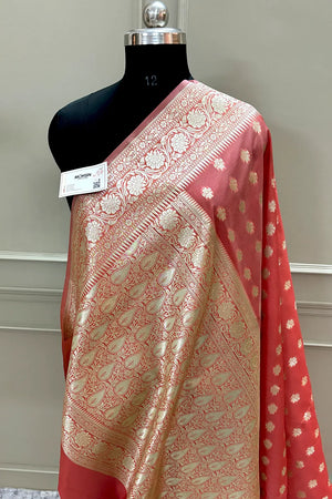 Peach Golden Zari Crepe Silk Banarasi Saree