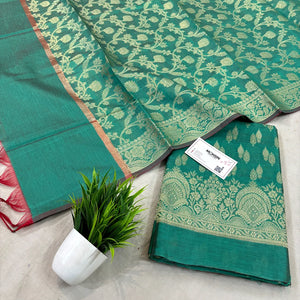 Teal Golden Zari Banarasi Silk Suit