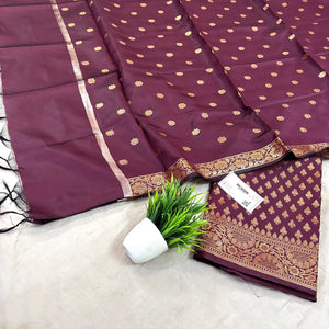 Wine Chidiya Buti Satin Silk Banarasi Suit