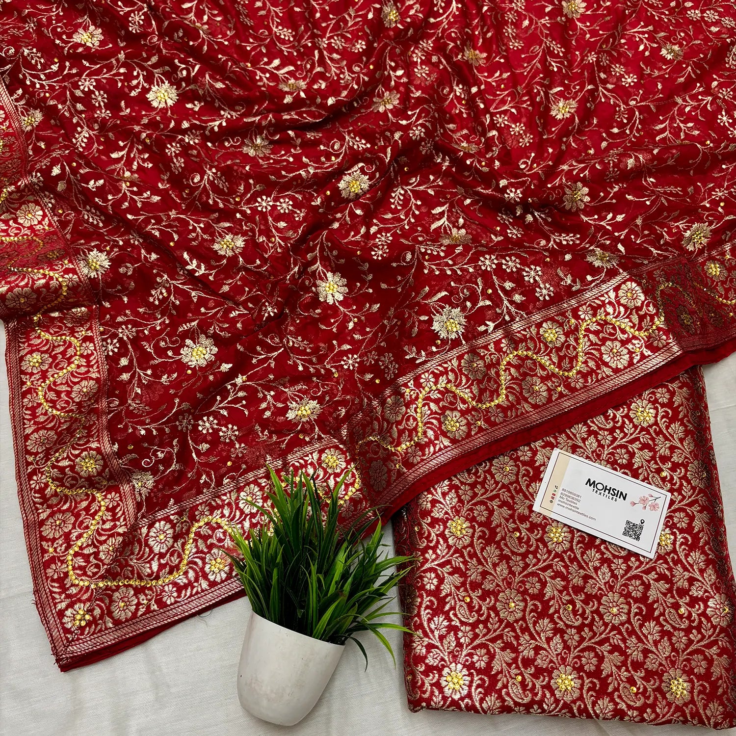 Red Stone Work Kimkhab Silk Banarasi Gharara