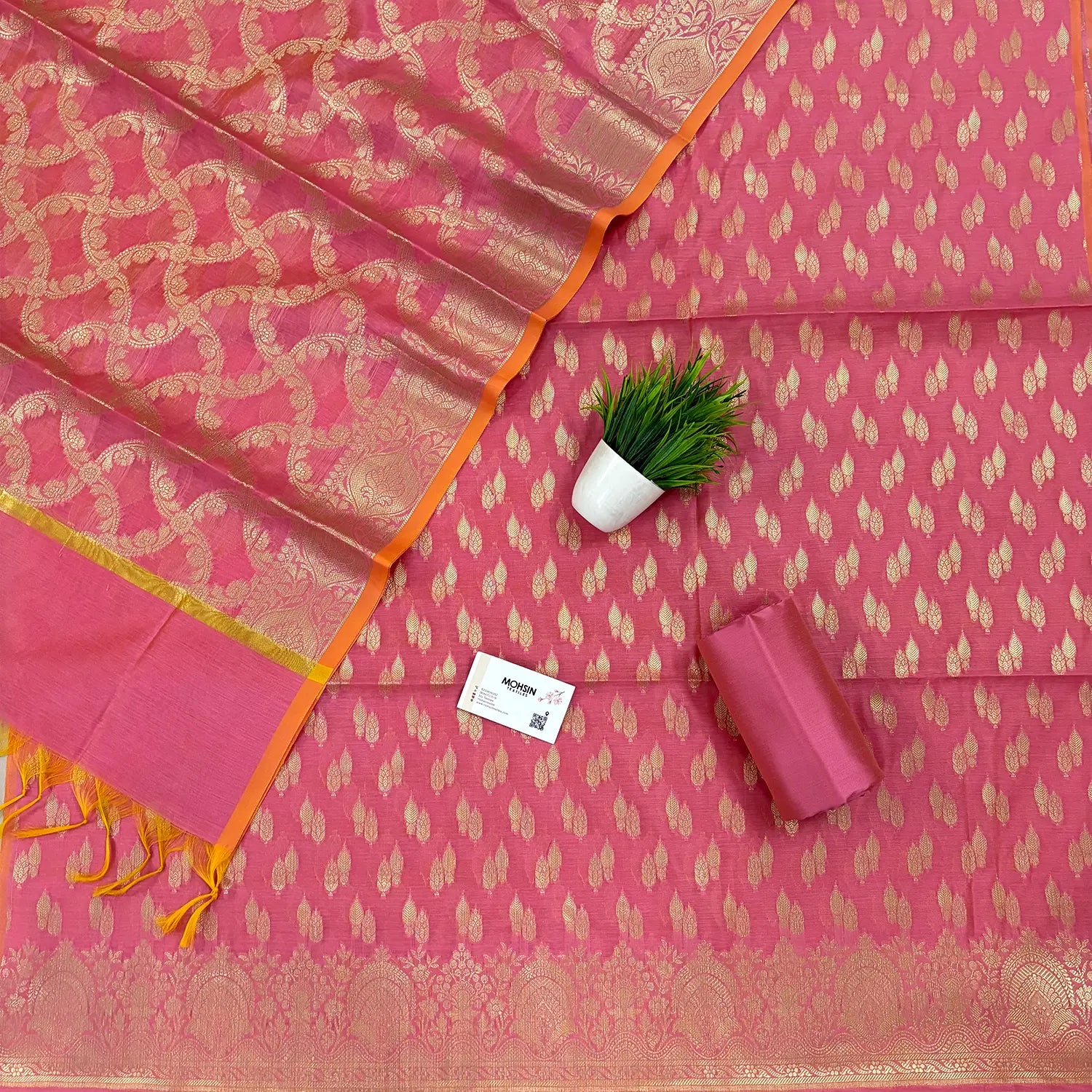 Baby Pink Golden Zari Resham Silk Banarasi Suit