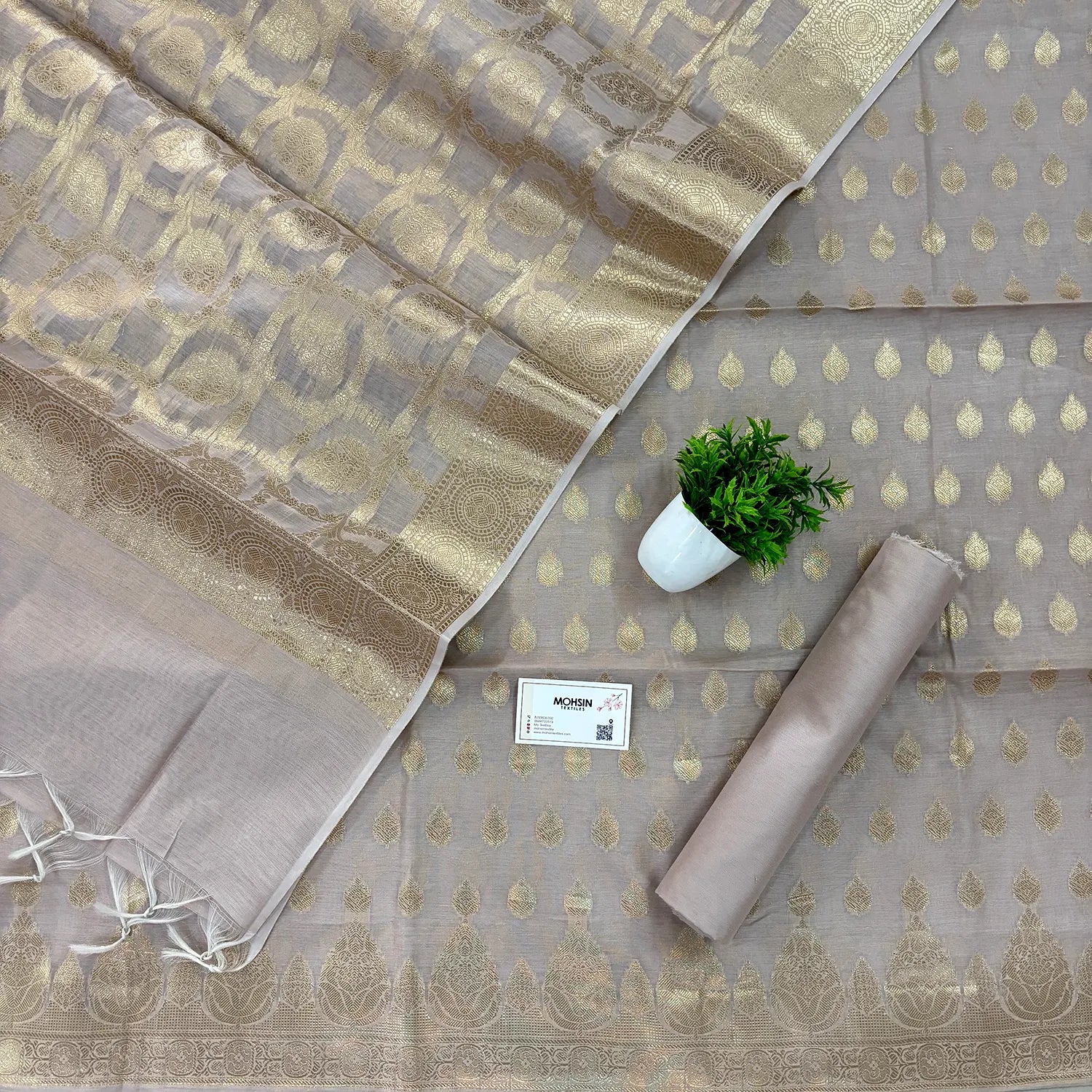 Beige Golden Zari Resham Silk Banarasi Suit