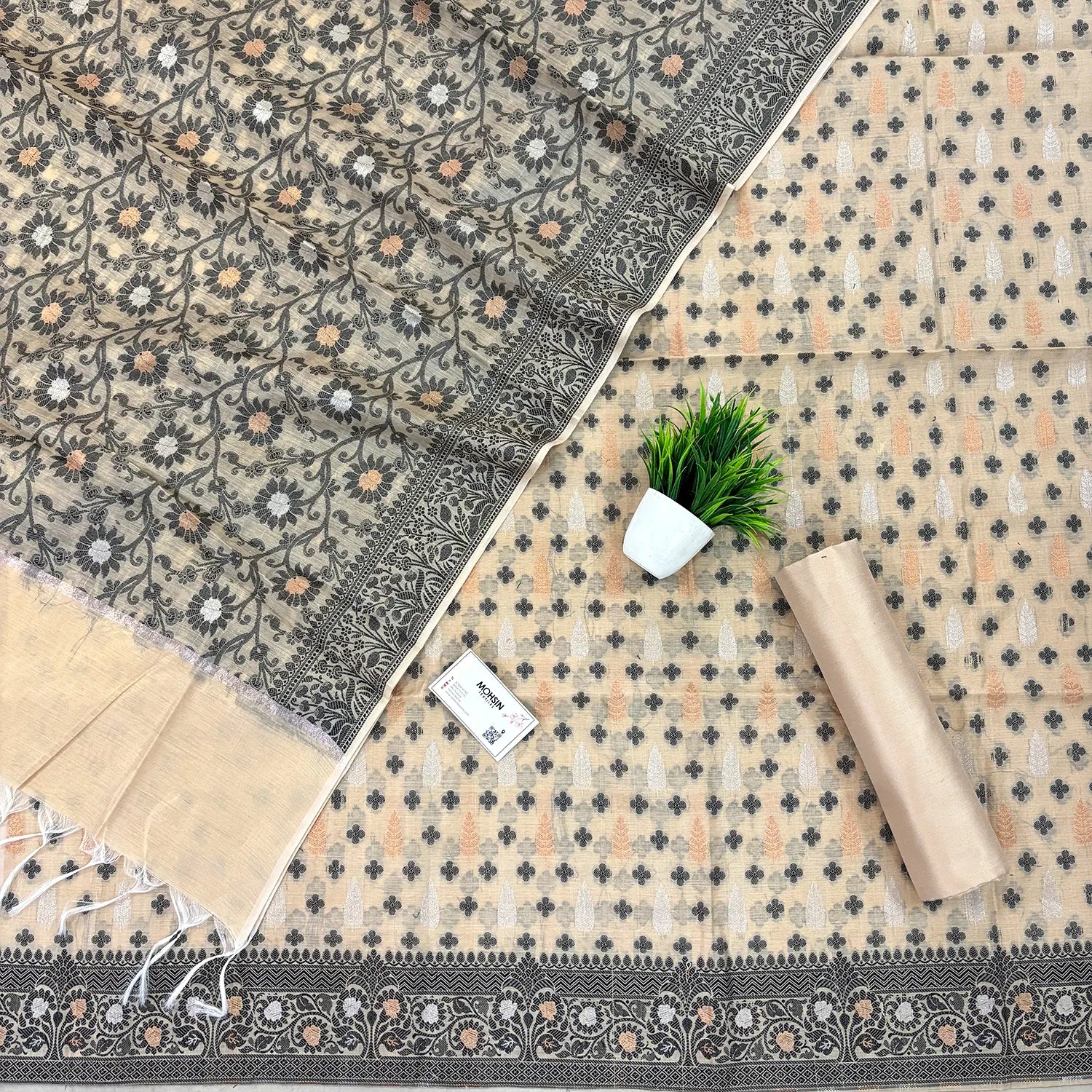 Beige Resham Zari Banarasi Silk Suit