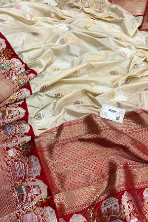 Beige and Red Handloom Pure Katan Silk Banarasi Saree