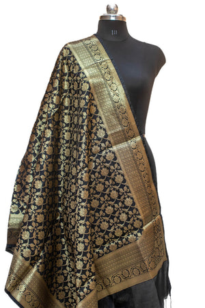 Black Handloom Pure Katan Silk Banarasi Dupatta