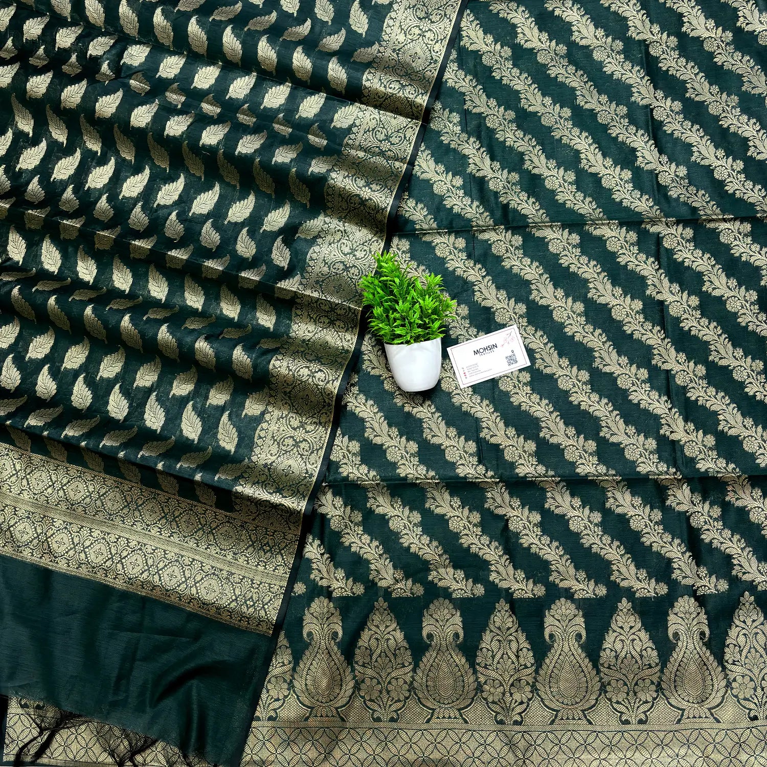 Bottle Green Golden Zari Banarasi Silk Suit
