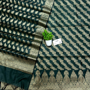 Bottle Green Golden Zari Banarasi Silk Suit