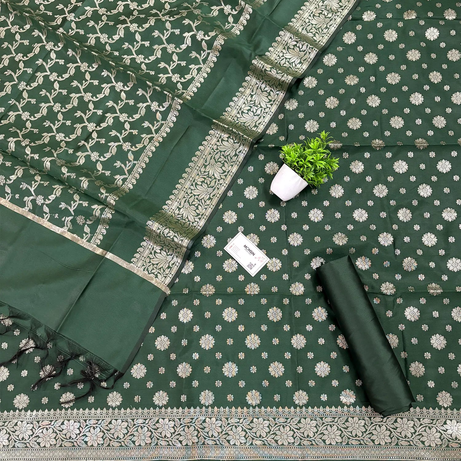 Bottle Green Shaktiman Buti Satin Silk Banarasi Suit