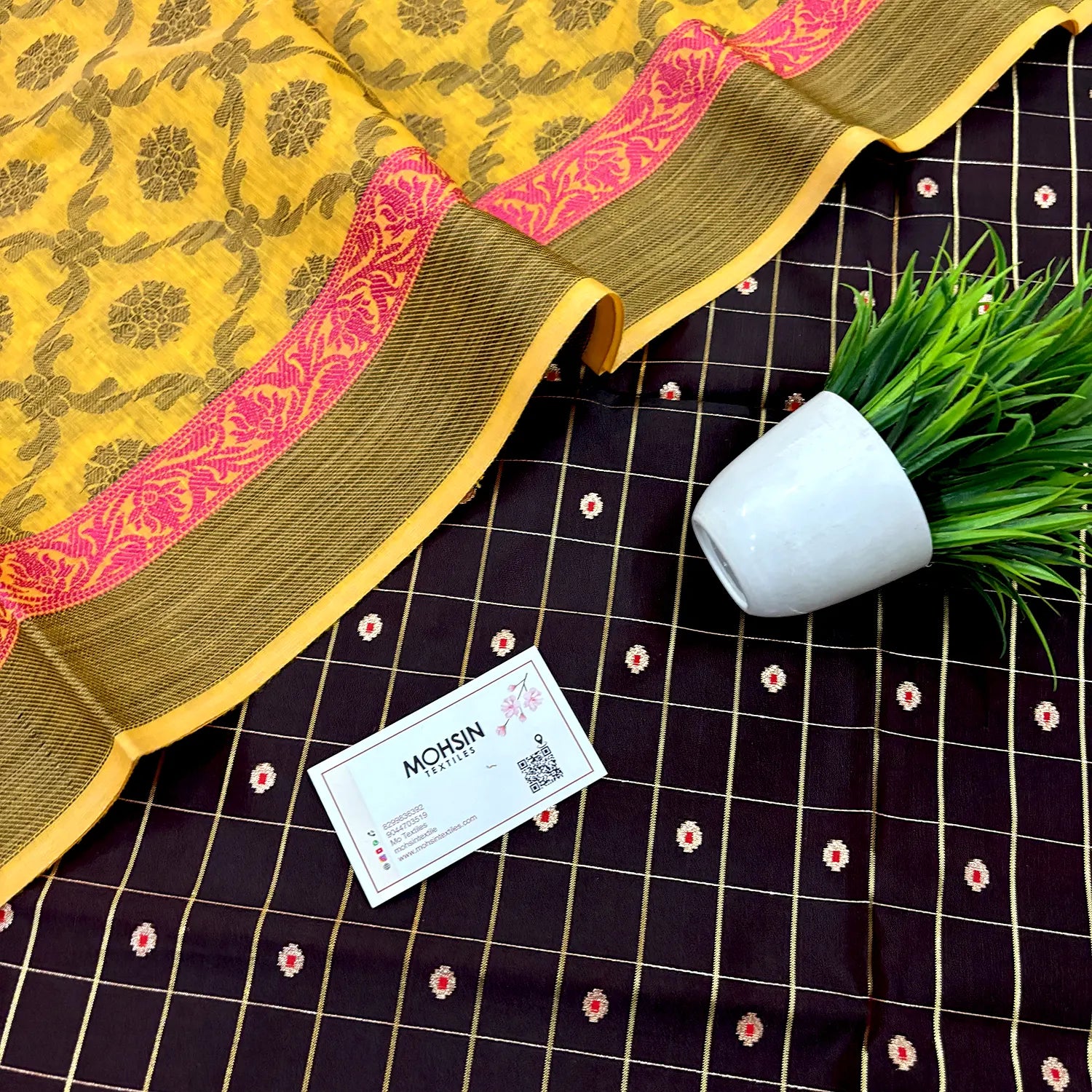 Brown Shataranj Banarasi Silk Suit With Yellow Dupatta